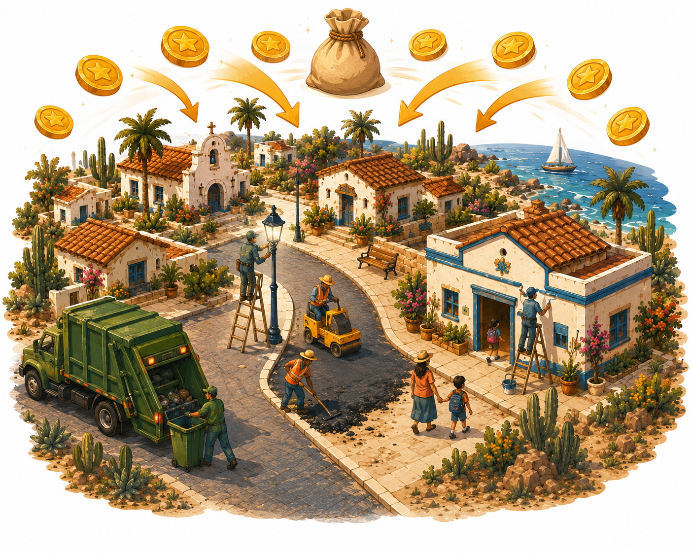 Coins flowing into a thriving village — campaign illustration
