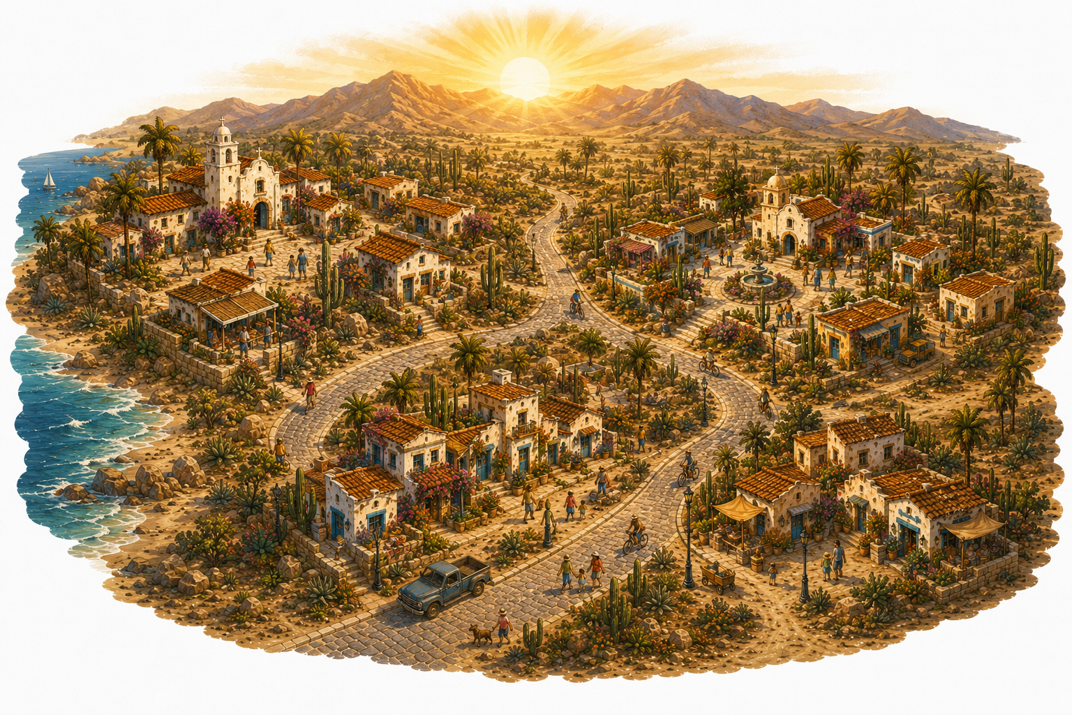Three villages connected at sunrise — campaign illustration