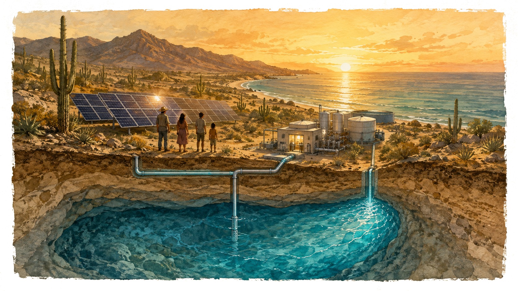 Illustration of a family standing near solar panels with a desalination plant and a cross-section view of the underground aquifer